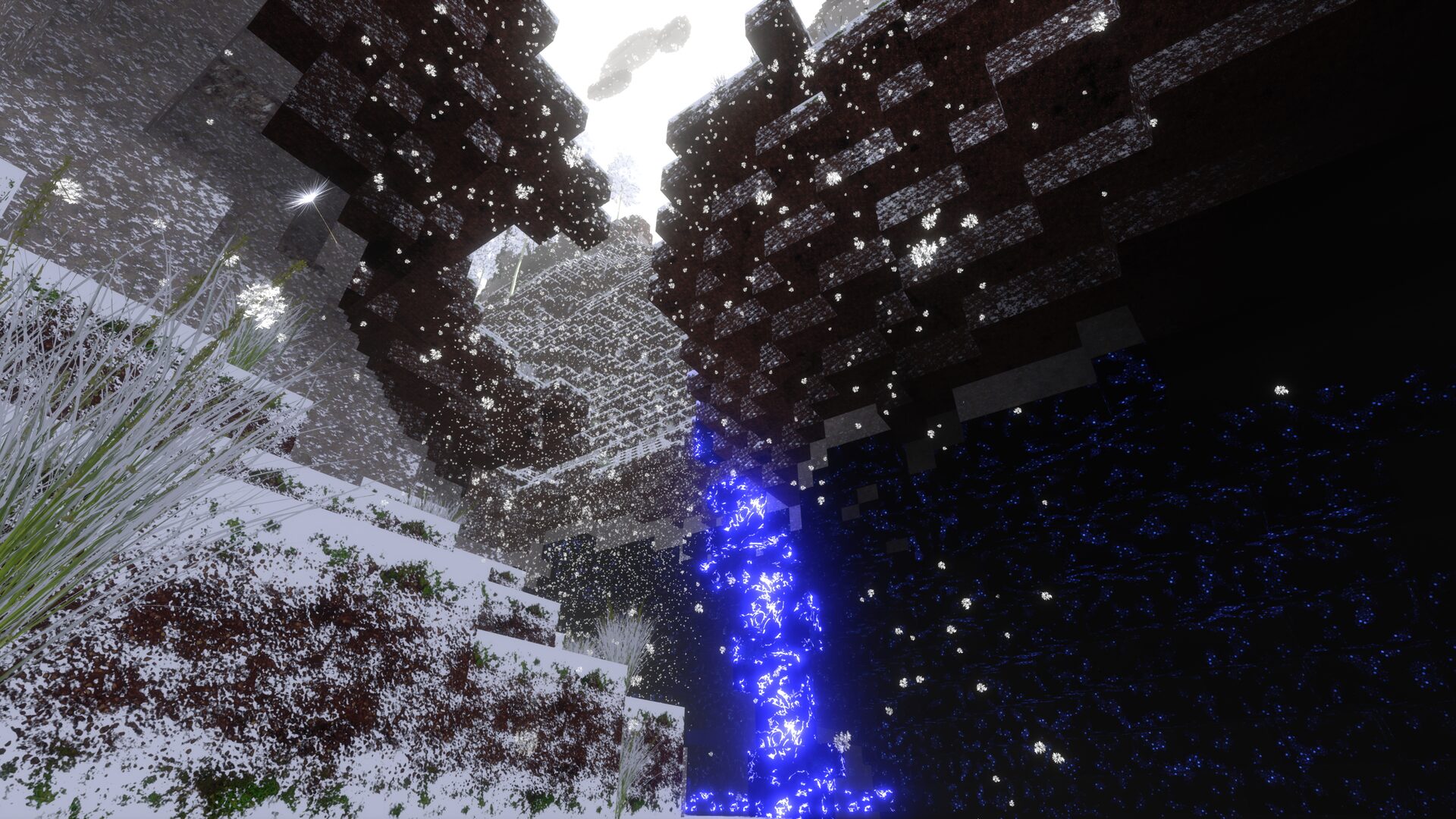 Snow falling over a glowing river in cyubeVR